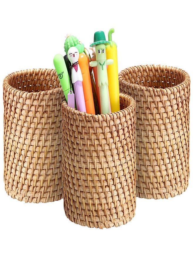 BTSKY 3 Pack Rattan Pen Cup, Handmade Desk Pencil Holders Makeup Brush Holder Multi-Functional Woven Basket Office&Home Desktop Organizer (Cylinder) - Image 1